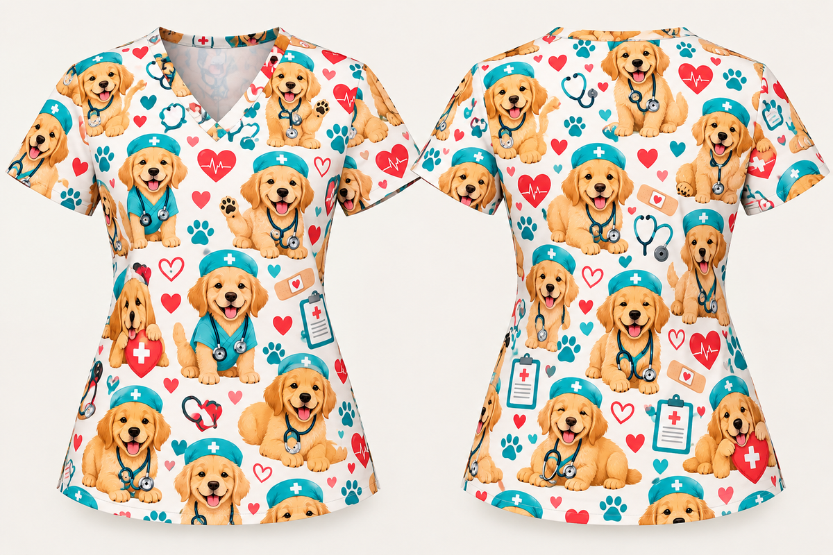 Cute Golden Retriever Nurse Pattern Scrub Set, Scrub Pants and V Neck Top