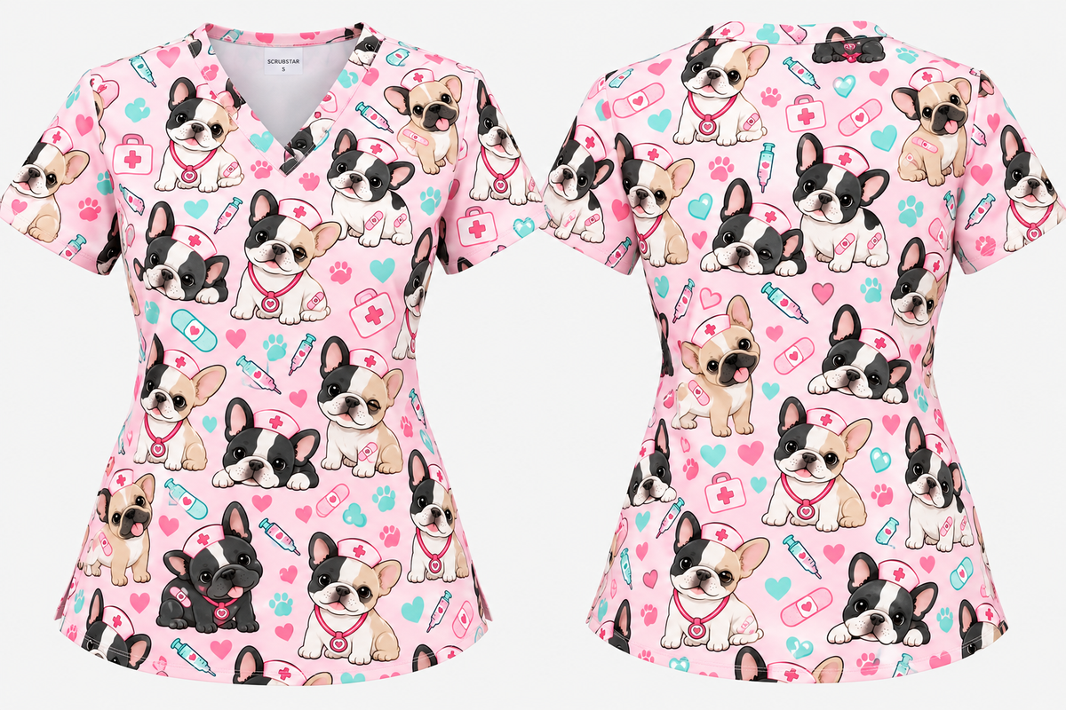 Cute French Bulldog Nurse Pattern Scrub Set, Scrub Pants and V Neck Top