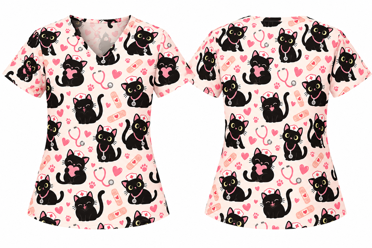 Cute Void Black Cat Nurse Pattern Scrub Set, Scrub Pants and V Neck Top