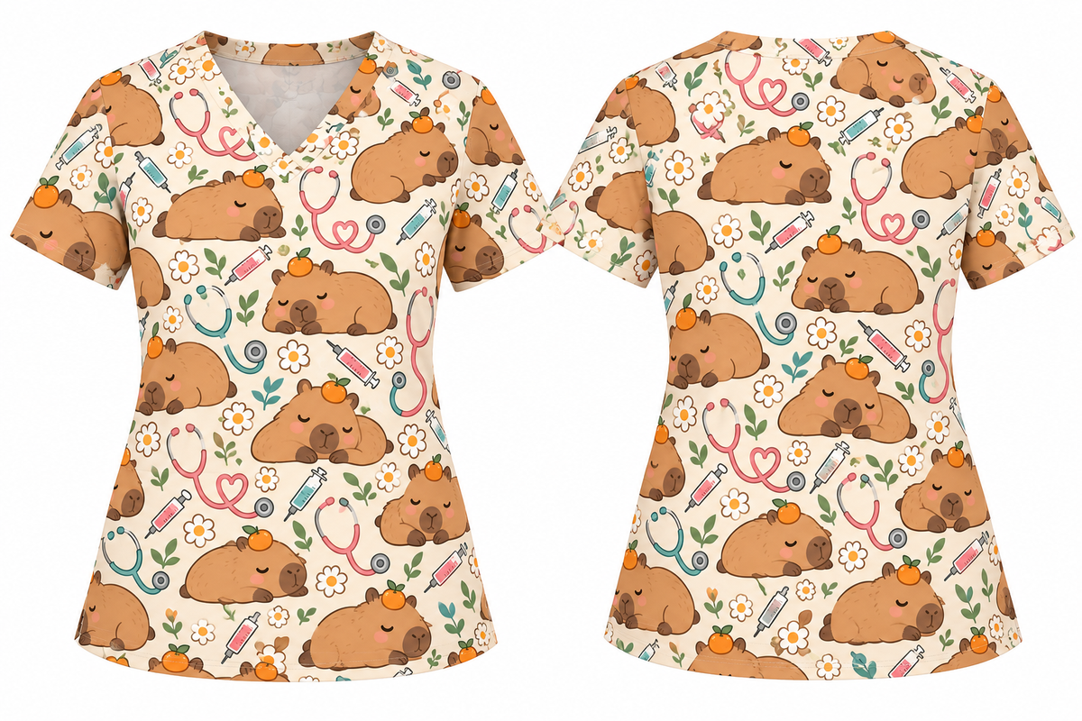 Zen Capybara Spa Nurse Pattern Scrub Set, Scrub Pants and V Neck Top
