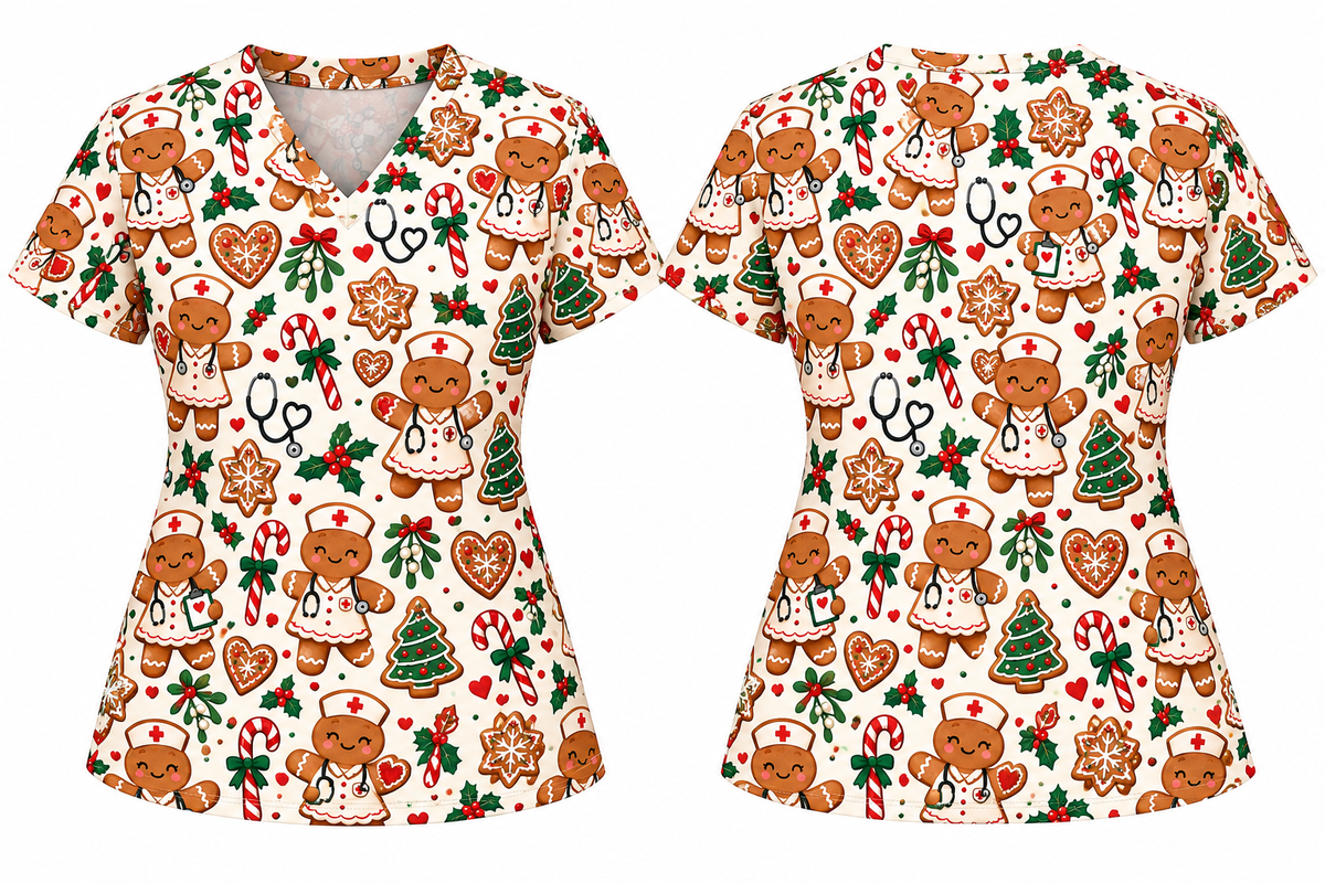 Gingerbread Nurse Holiday Cookie Pattern Scrub Set, Scrub Pants and V Neck Top