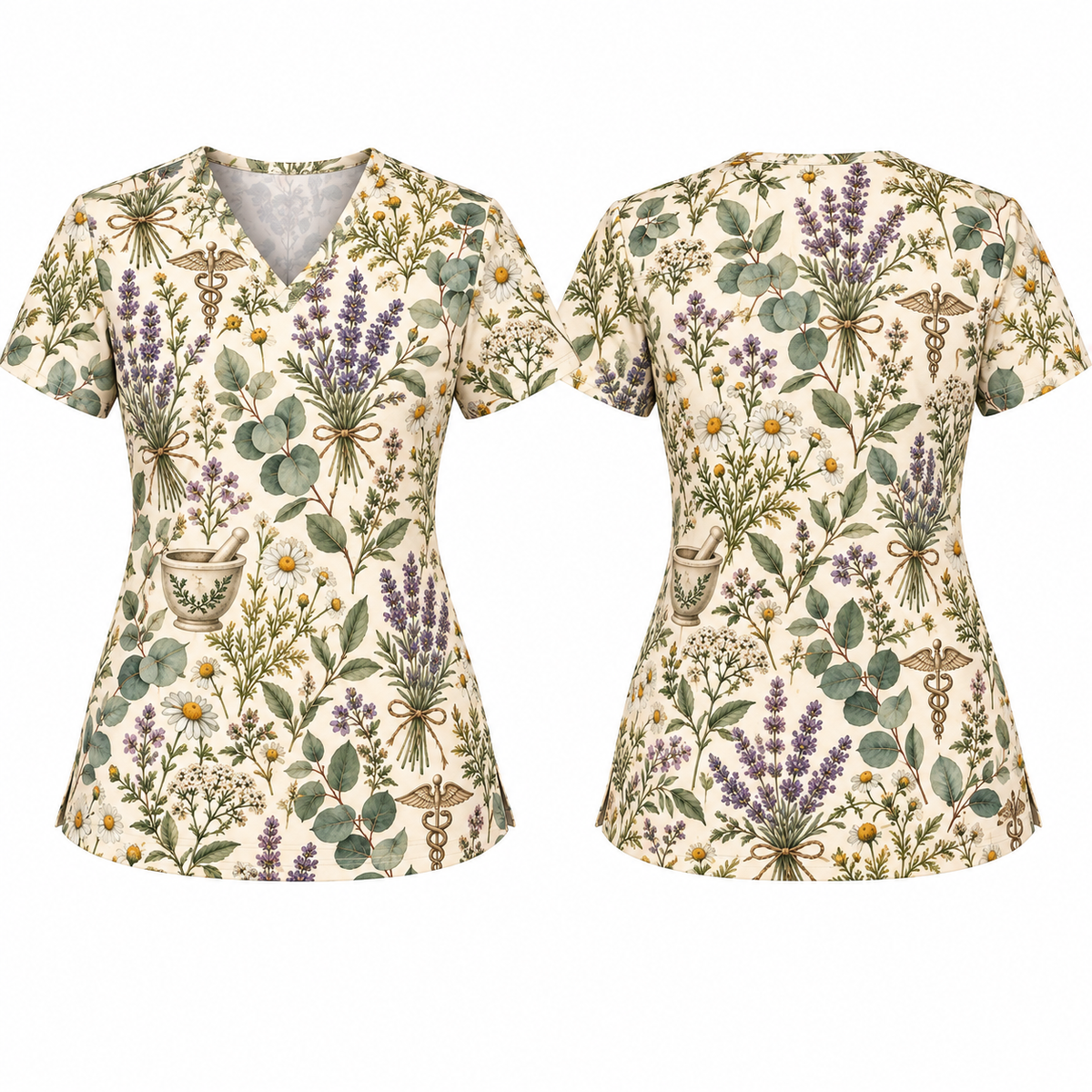 Vintage Botanical Wildflower Healing Pattern Scrub Set, Scrub Pants and V Neck Top