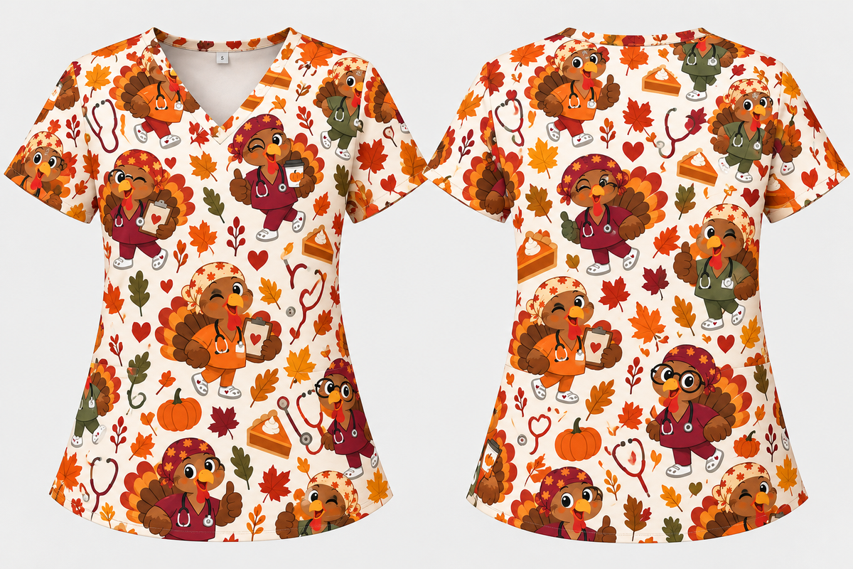 Thanksgiving Turkey Autumn Nurse Pattern Scrub Set, Scrub Pants and V Neck Top