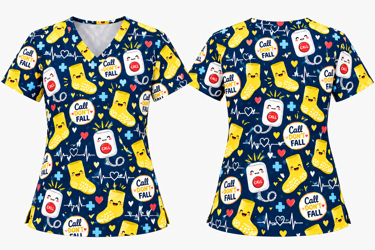 Call Don't Fall Risk Alert Hospital Humor Pattern Scrub Set, Scrub Pants and V Neck Top