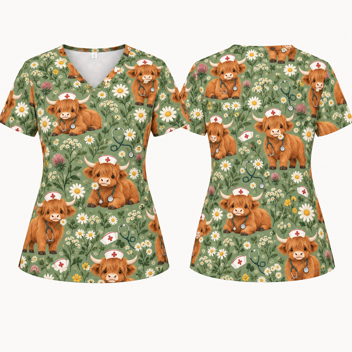 Rustic Scottish Highland Cow Daisy Nurse Pattern Scrub Set, Scrub Pants and V Neck Top